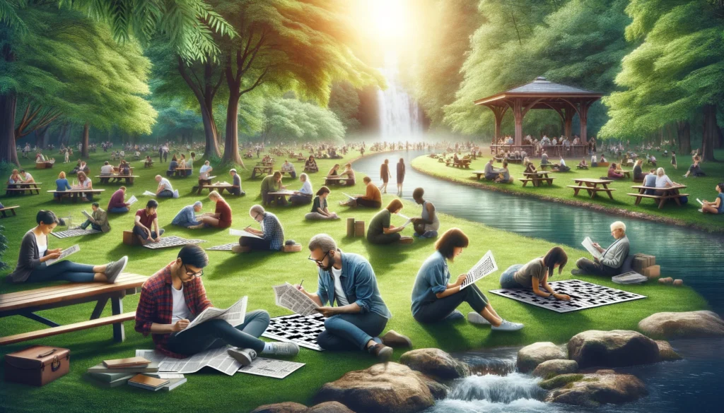 A scenic park with various people of different descents, including Caucasian and Black, engaged in solving crossword puzzles