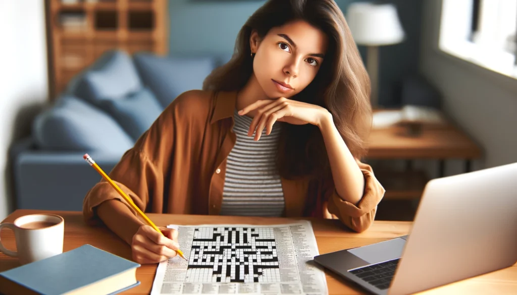 A young Hispanic woman thoughtfully solving a crossword puzzle at her desk with a laptop showing a crossword forum, illustrating the learning process and community support in crossword solving.