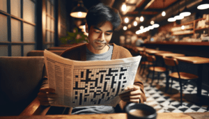 A South Asian person sitting in a cozy coffee shop, focused on solving a crossword puzzle, highlighting the mental exercise and relaxation it provides.