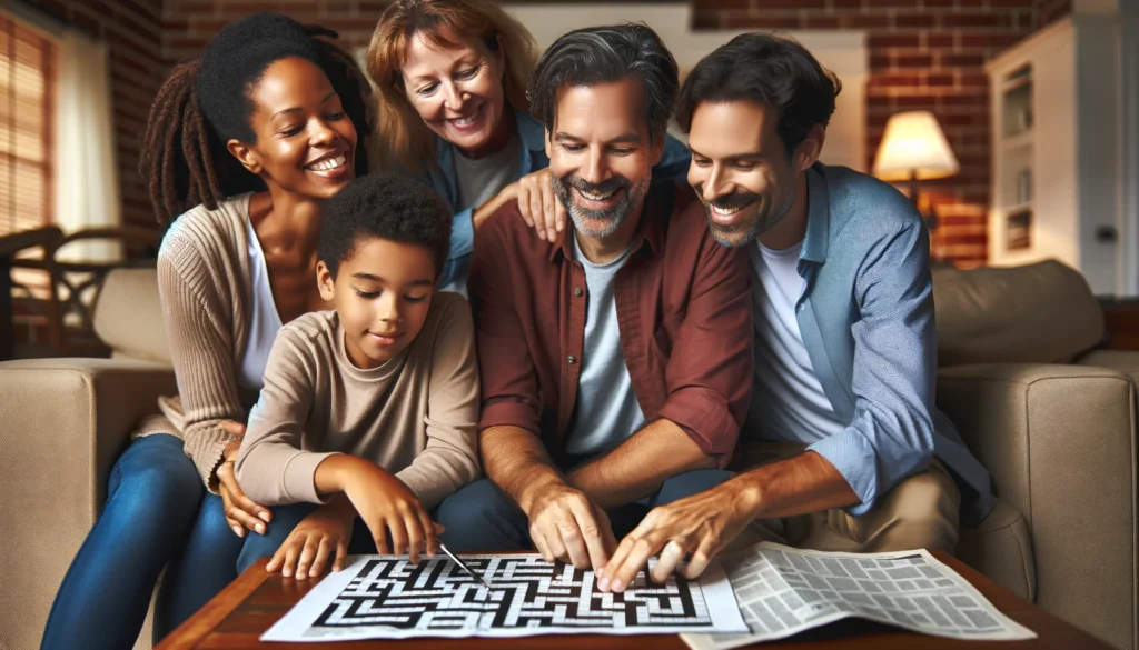 A diverse family, including a Caucasian man and a Black woman, solving a crossword puzzle in their living room, highlighting the cultural significance and family-friendly nature of crosswords.